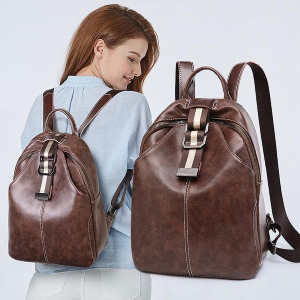 

backpack european and american leather fashion trend first layer cowhide women's bag brand retro oil wax