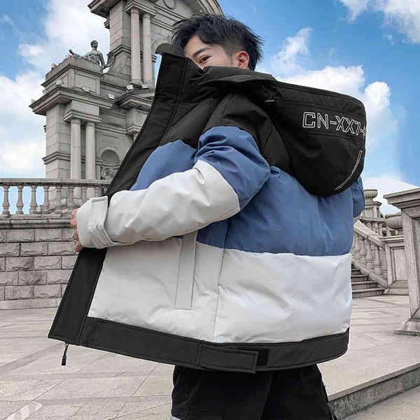 

2021 winter color matching down slim and warm hooded cloth men's coat cotton padded et, Black