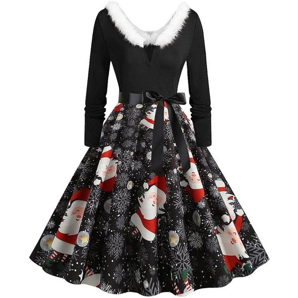 

casual dresses year party dress plus size black big swing print vintage christmas women winter long sleeve plush v neck, Black;gray