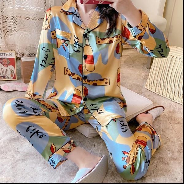 

silk pajamas sweet womens sleepwears cartoon pyjamas elegant long sleeve homewear ladies sleepwear sets pjs, Black;red