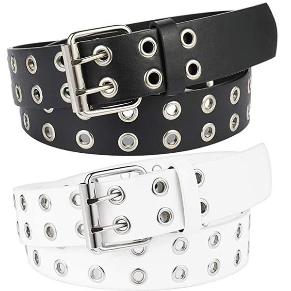 

belts punk style women's belt double buttonhole leather chain female buckle retro rock jeans black white, Black;brown