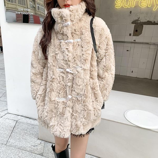

women's fur & faux mid-length imitation thick warm winter women coats female lambswool coat soft plush outerwear, Black