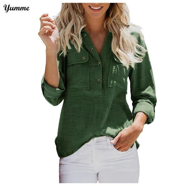 

women's blouses & shirts long sleeve plus size linen shirt women button down loose casual cotton pockets blouse womens and blusas, White