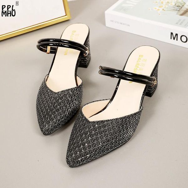 

slippers summer women sandals non-slip wearable slides black bling pointed pu leather comfortable square heel two wear light fc5v
