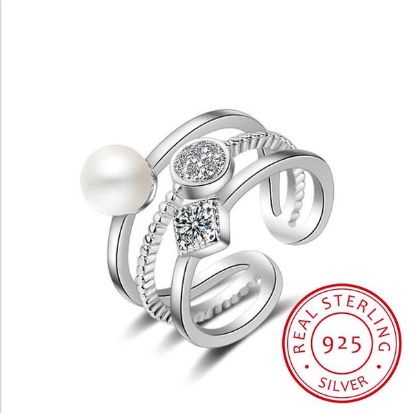 

cluster rings 925 sterling silver for women trendy multi-layer pearl mosaic cz zirconia resizable bague femme s-r217, Golden;silver