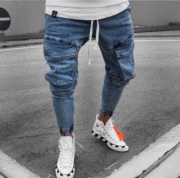 

men's jeans designer mens skinny pockets slim light blue pencil pants mid waist long trousers mkzt