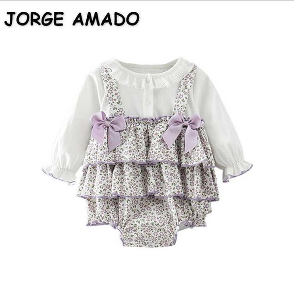 Оптом весна девочка боди белый с длинным рукавом ползунок цветочная юбка поддельные две плиссированные детские одежда E9118 210610