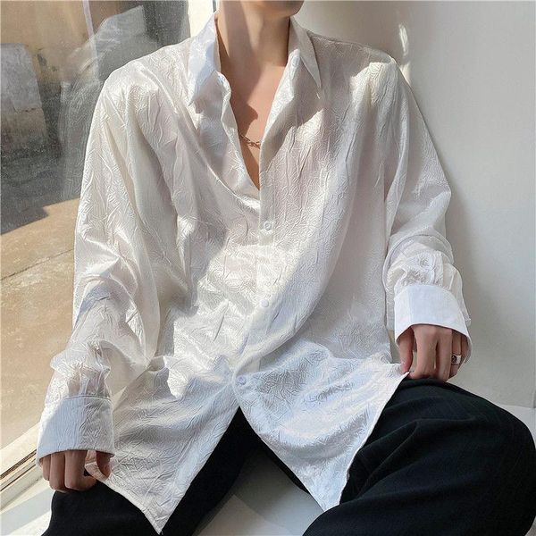 

spring and autumn youth men's niche korean solid color crumpled fabric fashion long-sleeved shirt -xl casual shirts, White;black