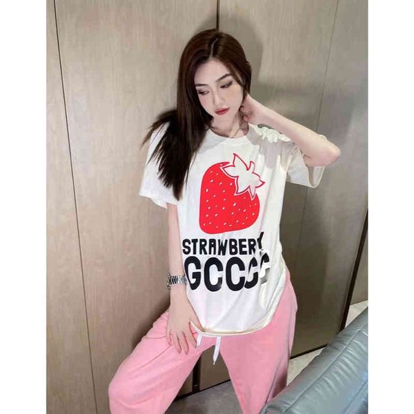 

pure yuan version designer 2022 spring summer large strawberry letter short sleeve t-shirt men's and women's fashion top, White