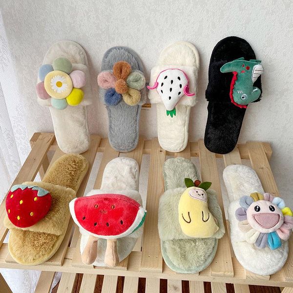 

home slippers women indoor flat winter warm plush cute open tea shoes, Black