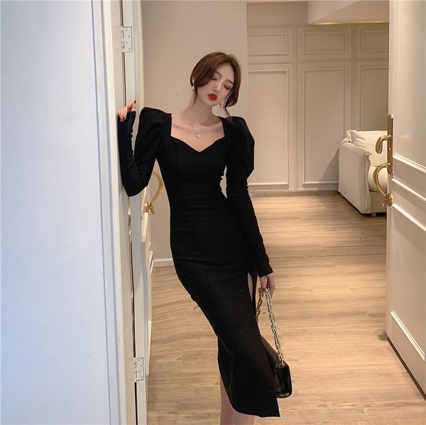 

casual dresses cmaz official figure pull frame black dress french retro bubble long sleeve dkm8, Black;gray