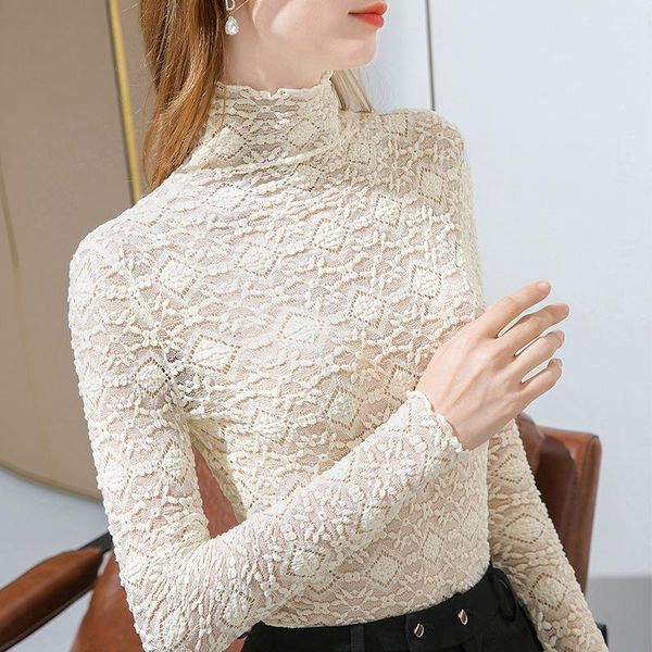 

women's t-shirt ear edge high collar lace bottomed shirt for women in autumn and winter 2021 with long sleeve, White