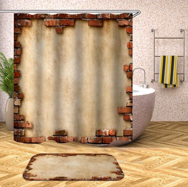 

wall stone brick shower urtain floor mat set bath curtains bathroom for bathtub bathing cover wide with hooks