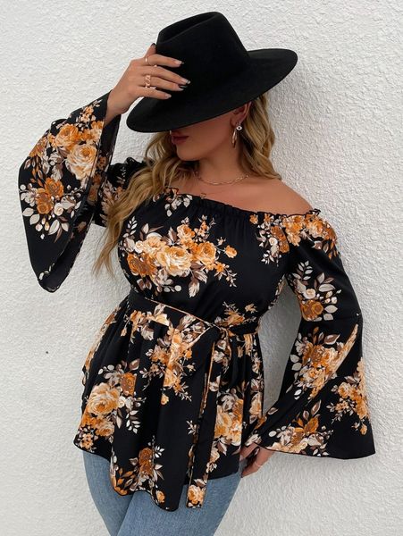 

plus floral print off shoulder flounce sleeve belted blouse c3je#, Black