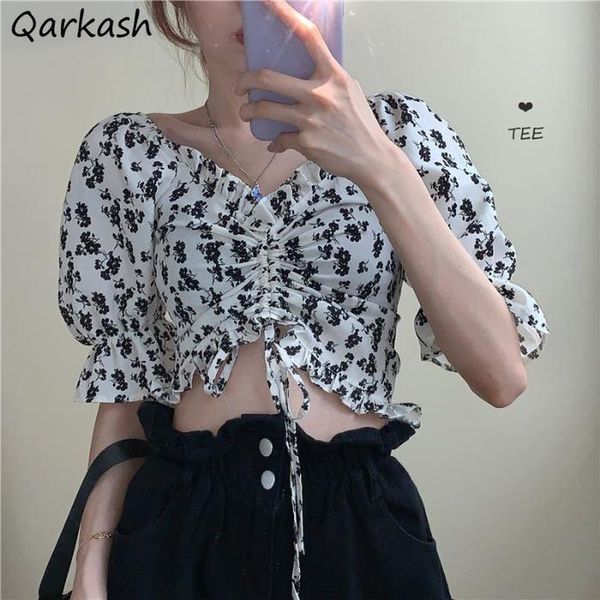 

women's blouses & shirts women shirring design floral korean style slim crop summer college all-match ladies trendy soft elegant ins si, White
