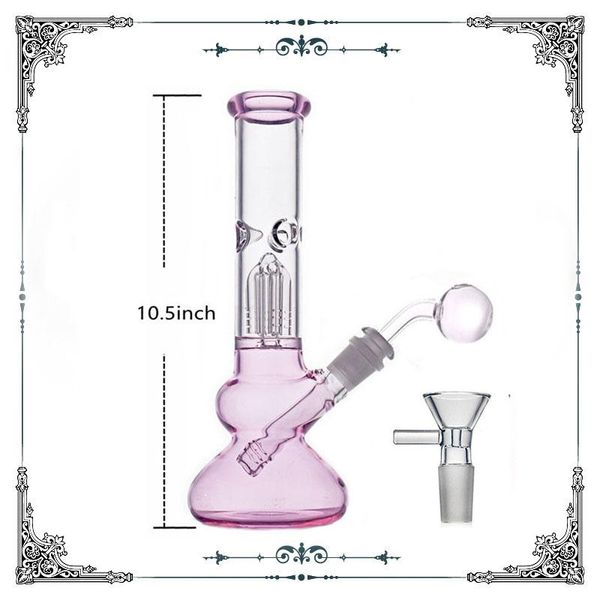 Cam Yağ Burner Boru Pembe 10.5 inç Dab Rig Nargile Kol Ağacı Perc Cam Beher Bong Ultra-Ucuz Fiyat