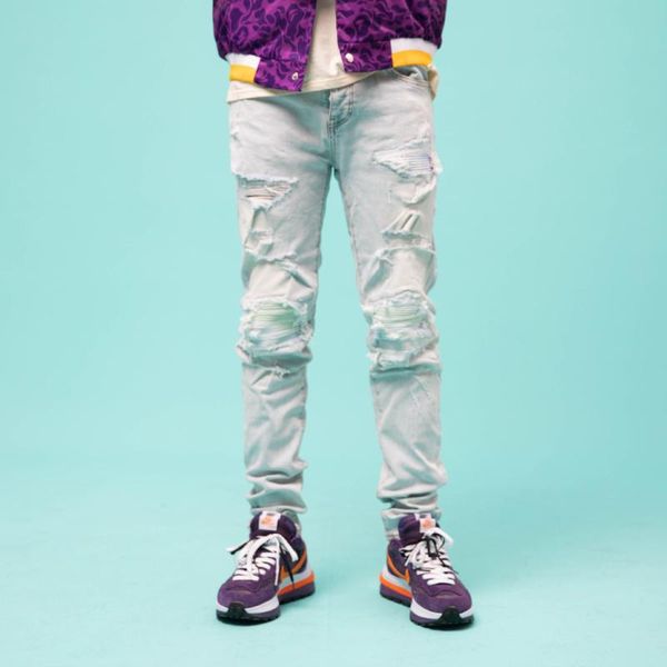

men's jeans male european american high street fashion brand blue washed ripped holes and leather slim casual stretch men