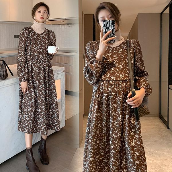 

702# 2021 spring floral printed materntiy long dress vintage large size loose clothes for pregnant women ties waist pregnancy maternity dres, White