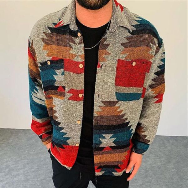 

men's jackets winter mens fashion turn-down collar buttoned for men casual autumn long sleeve outerwear harajuku pattern printed coats, Black;brown