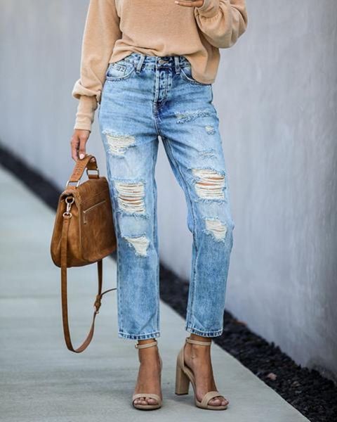 

women's jeans woman casual trouser streetwear women high waist fashion holes blue denim pants