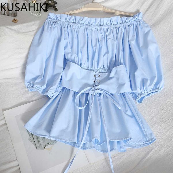

strapless ruffle slash neck women blouse spring summer puff sleeve shirt lace up slim waist blusas mujer 6g379 210603, White