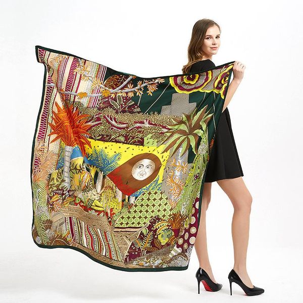 

scarves large scarf 130x 130 summer women foulard print 100 % silk shawl luxury designers 130*130cm, Blue;gray