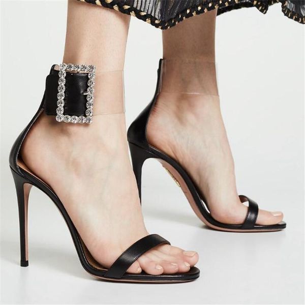 

sandals 2021 summer crystal ankle strap women open toe pvc zipper thin high heels female wedding shoes, Black