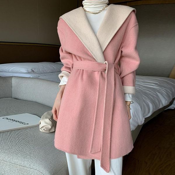 

women's wool & blends autumn hooded women 100% coat double-faced loose korean fashion outerwear jackets for man clothing abrigo mujer w, Black