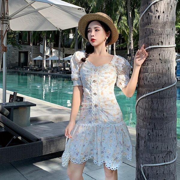 

casual dresses arrival 2021 runway water soluble floral embroidery dress french high end puff sleeves maxi vestidos, Black;gray