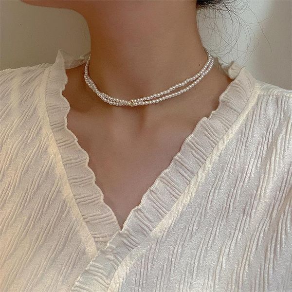 

chokers french fashion double layer intertwine pearl necklace for women girls textured shiny cubic zirconia jewelry, Golden;silver