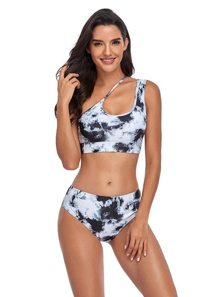 

women's swimwear bikini 2021 swimsuit tie-dye printed high waist split plus size 2 piece set women push up, White;black