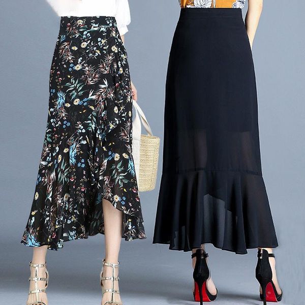 

skirts 2021 spring summer style maxi light fabric chiffon floral holiday plus size 4xl skirt high waist ruffles vestidos z15, Black