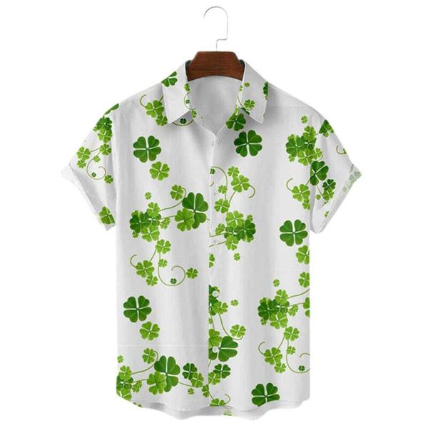 

men's casual shirts mens short sleeve shirt white summer blouse holiday green clover printed men, White;black