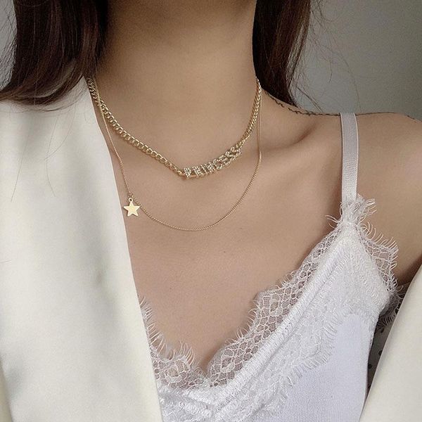 

chokers korean rhinestone letters stacked necklace female fashion ins cold wind high sense clavicle chain simple temperament, Golden;silver