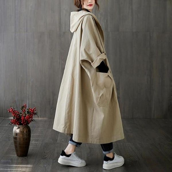

women's trench coats loose solid hooded women pocket ankle length casual all match female outwear, Tan;black