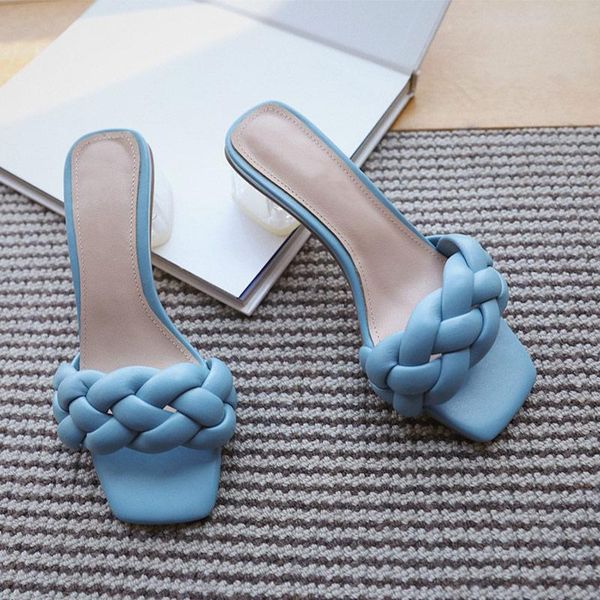 

fashion slippers women summer square heels sandals weave pu leather ladies slides outdoor casual shoes female footwear 2021, Black