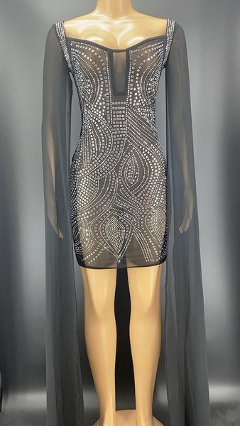 

stage wear silver rhinestones black mesh transparent dress birthday celebrate party big sleeves evening performance dancer youdu, Black;red
