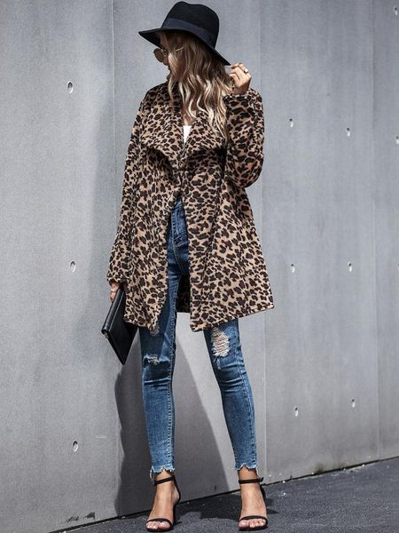 

women's wool & blends women leopard coat, long sleeve lapel buttons casual cardigan autumn winter mid-length woolen coat faux fur, Black