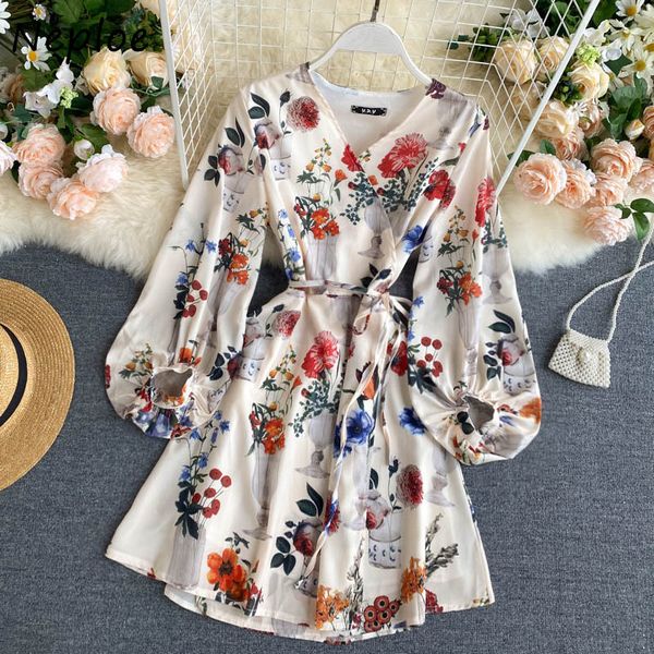 

neploe women floral print sashes dress new spring summer v neck wrap dresses korean long sleeve beach dress streetwear 210423, Black;gray