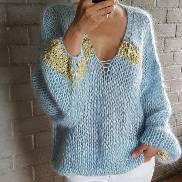 

women's sweaters sweater knitted warm contrast colors v neck pullover autumn lantern sleeve elastic women, White;black