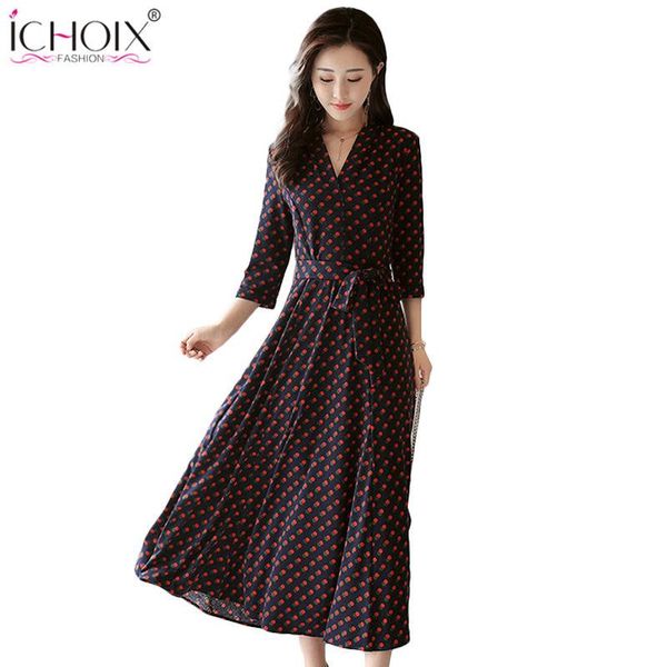 

casual dresses spring dress women 2021 sashes belt boho v neck elegant slim polka dot vestidos large plus size bohemian, Black;gray