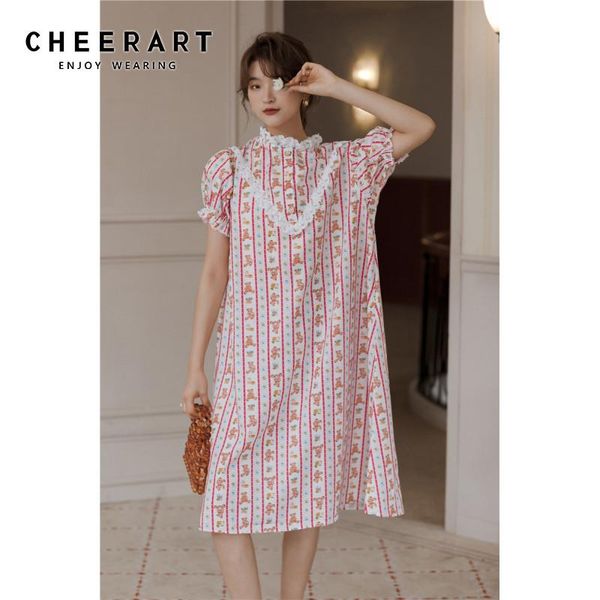 

pink vintage lace neck puff sleeve long summer dress women straight cartoon print striped korean 2021 casual dresses, Black;gray