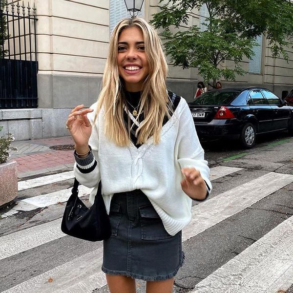 

women loose v-neck sweater adults casual style color block long sleeve pullover knitwear autumn winter fashion sweaters women's, White;black