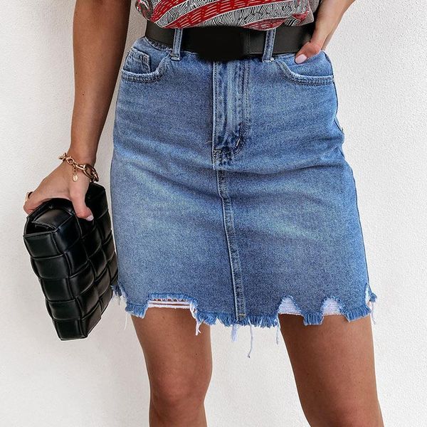 

skirts summer hole tassel women's denim mini skirt high waist buttocks pocket blue female short 2021 casual elegant lady bottoms, Black