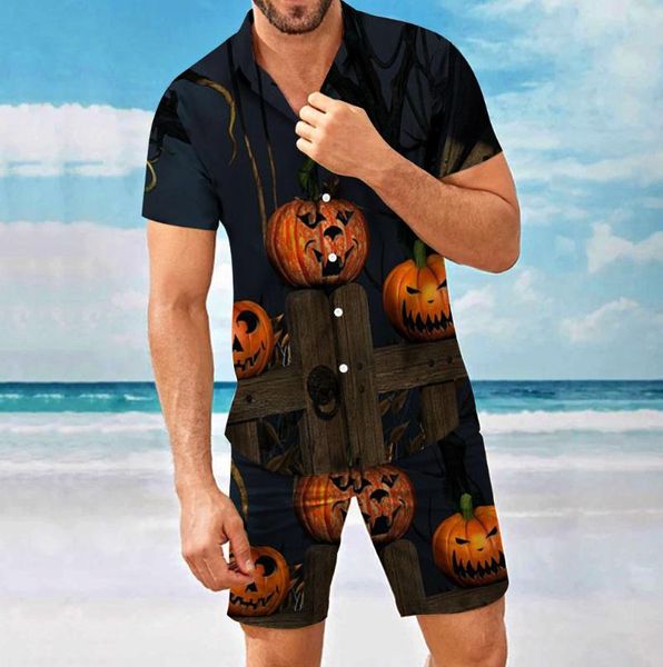 

men's casual shirts halloween shirt short sleeve suit cosplay costume summer fashion pumpkin print loose shorts 2-piece set, White;black