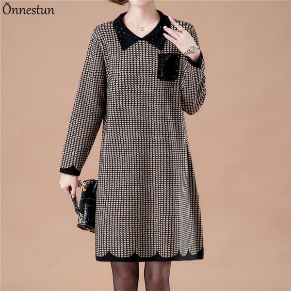 

women's sweaters plaid sweater women autumn winter causal clothing pullover knitted dress soft turn down collar long for, White;black