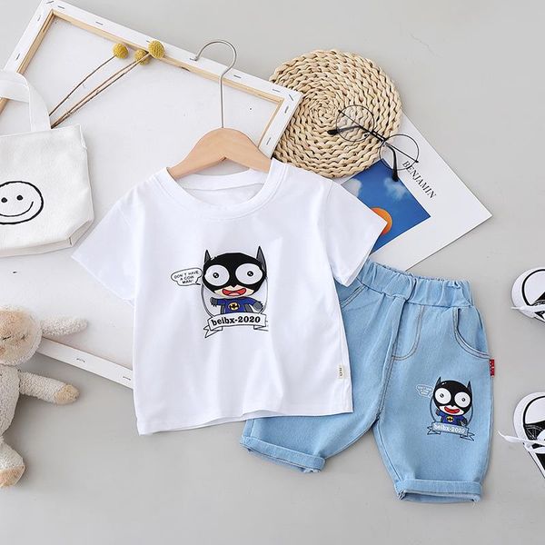 

toddler baby boys casual clothing sets summer girls cartoon short sleeve shirt +denim shorts 2-piece suits kids clothes, White
