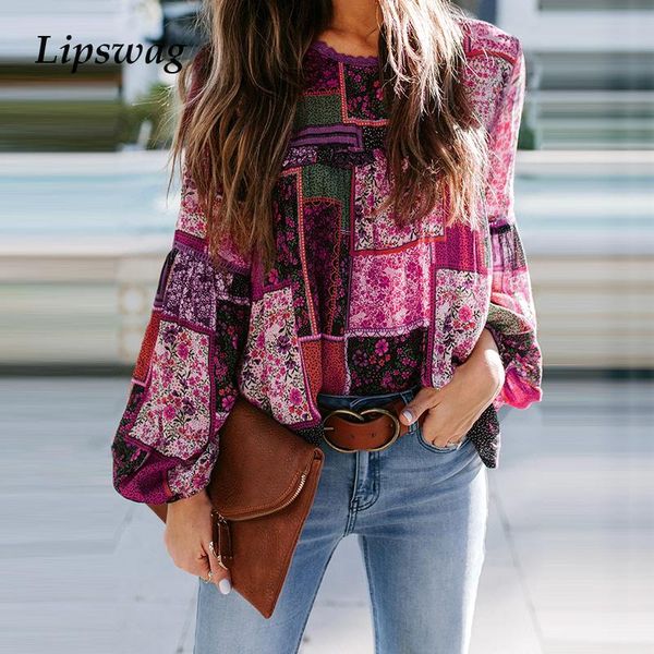 

autumn elegant boho chiffon blouse women o-neck long sleeve shirts vintage ladies flower print patchwork blusa women's blouses &, White