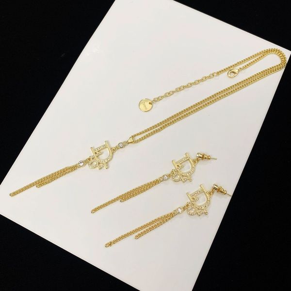 

luxury designer fashion necklace d letter pendant di family brass temperament female tassel long earrings, Red;brown