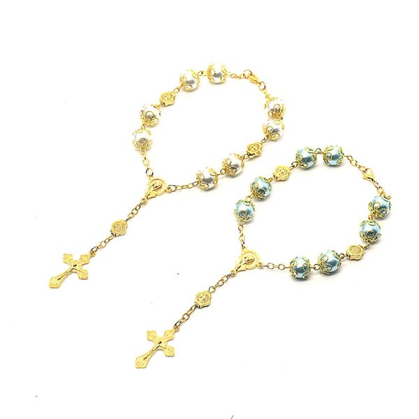 Bracciali a filo incrociato Imitaiton Pearl Beades Bracciale rosario Gesù in oro per uomo donna
